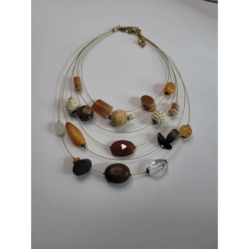 Chico's Multi Strand Beaded Necklace Brown Tan Orange Statement Boho Jewelry